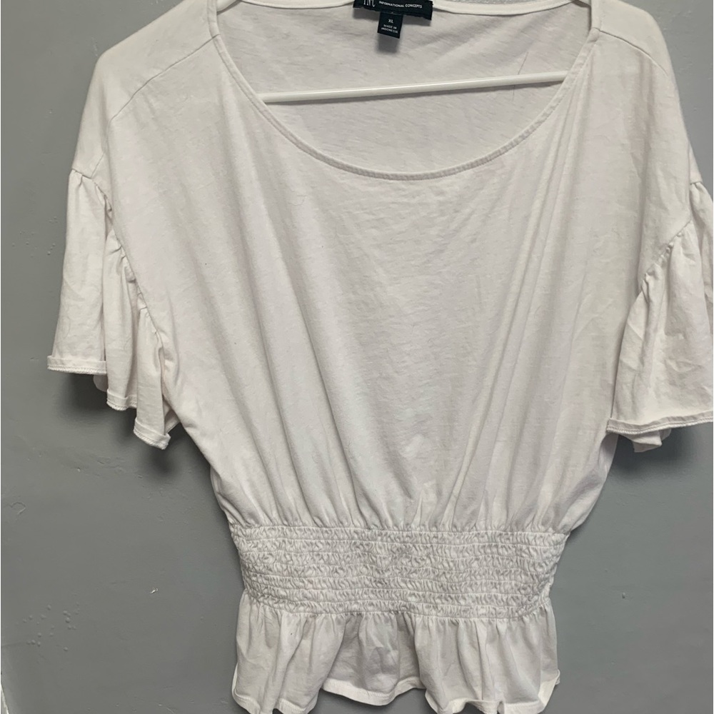 INC White Flowy Cinch Waist Short Sleeve Top Size XL